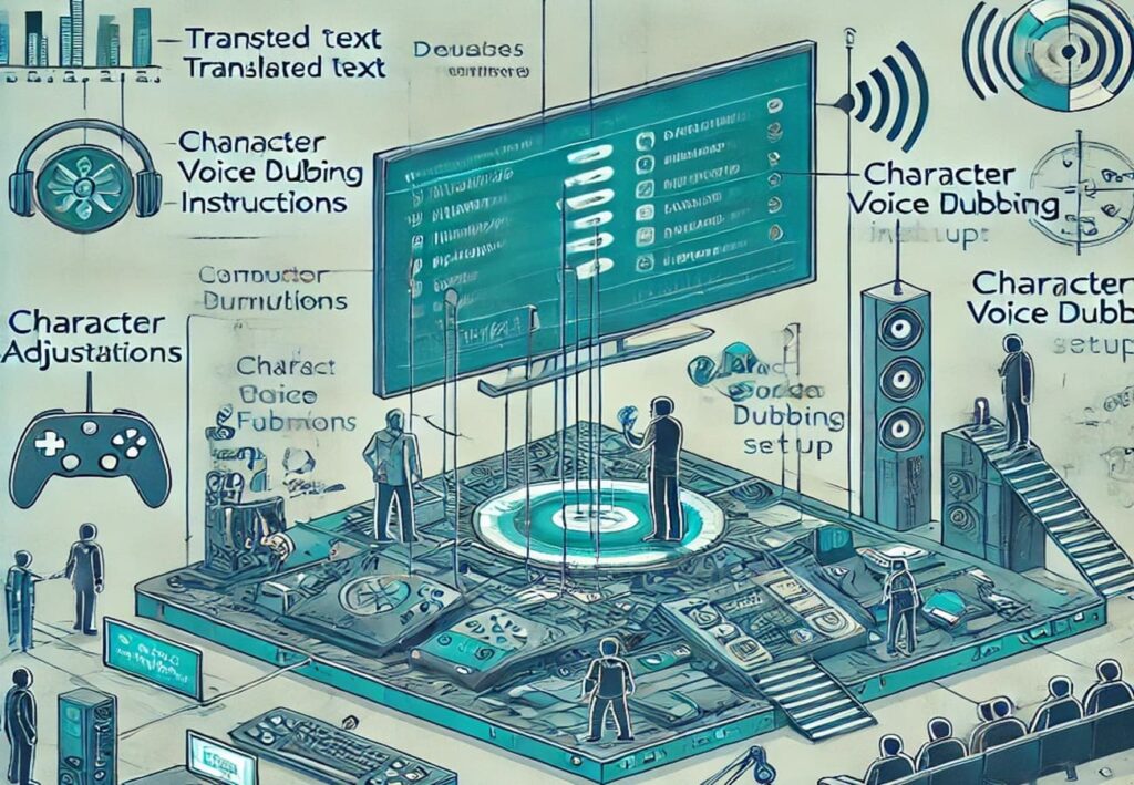 A detailed conceptual illustration depicting the key elements of video game localization. The scene includes a game interface with translated text