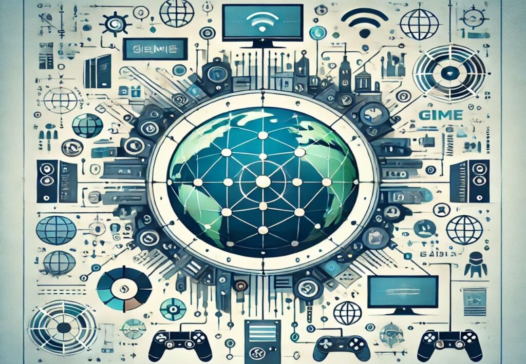 A visually striking conceptual illustration depicting the localization of video games, showing a globe in the center connected to multiple screens and