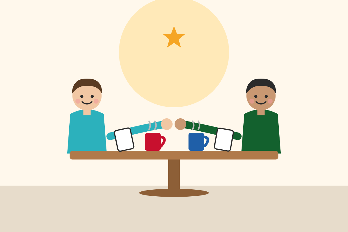 Tradutor freelancer a apertar a mão a um cliente direto num café