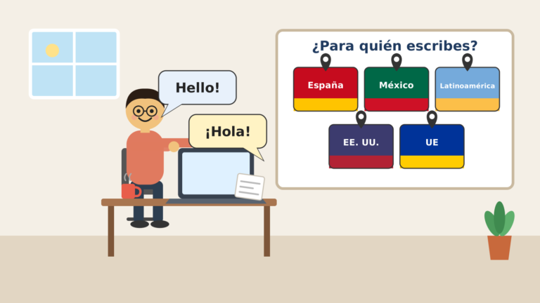 Traductor autónomo de inglés a español ante un tablero con cinco destinos de clientes: España, México, Latinoamérica, EE. UU. y UE