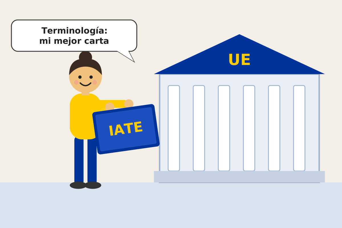 Traductora con un gran glosario IATE delante de un edificio institucional de la UE