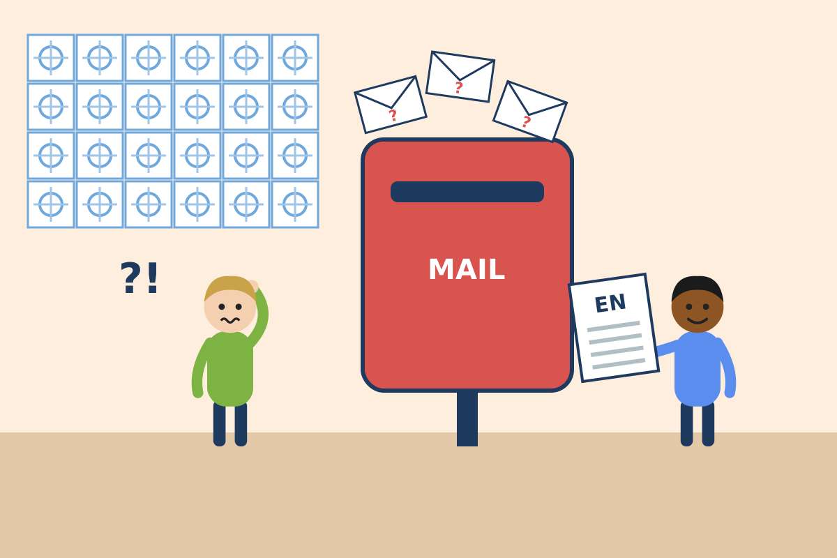 Expat resident puzzled by a Portuguese letter while a translator hands over an English version through a giant letterbox