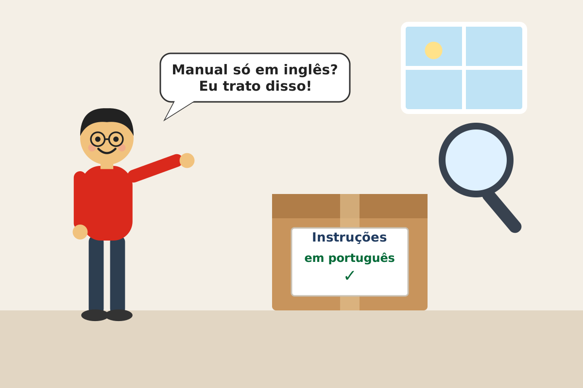 Tradutor aponta para uma caixa com instruções em português