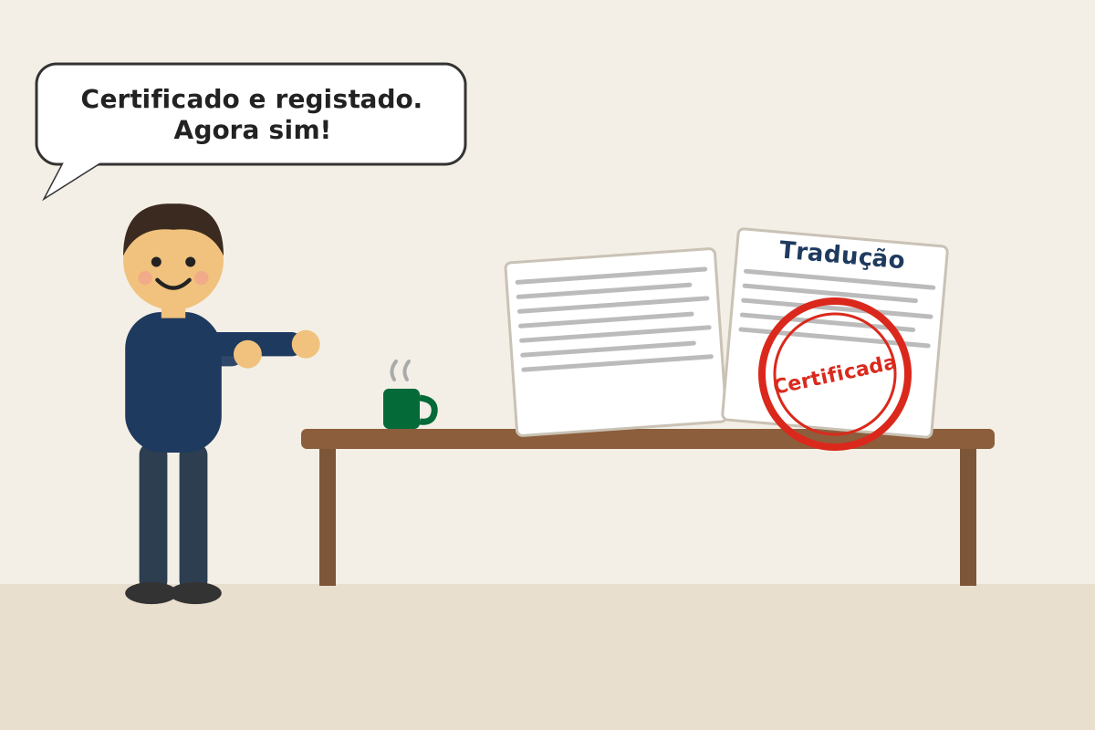 Tradução com carimbo de certificada em cima de uma secretária