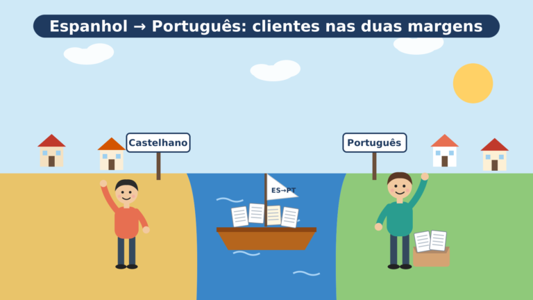 Tradutor freelancer de espanhol para português recebe documentos que atravessam o rio Minho num pequeno barco