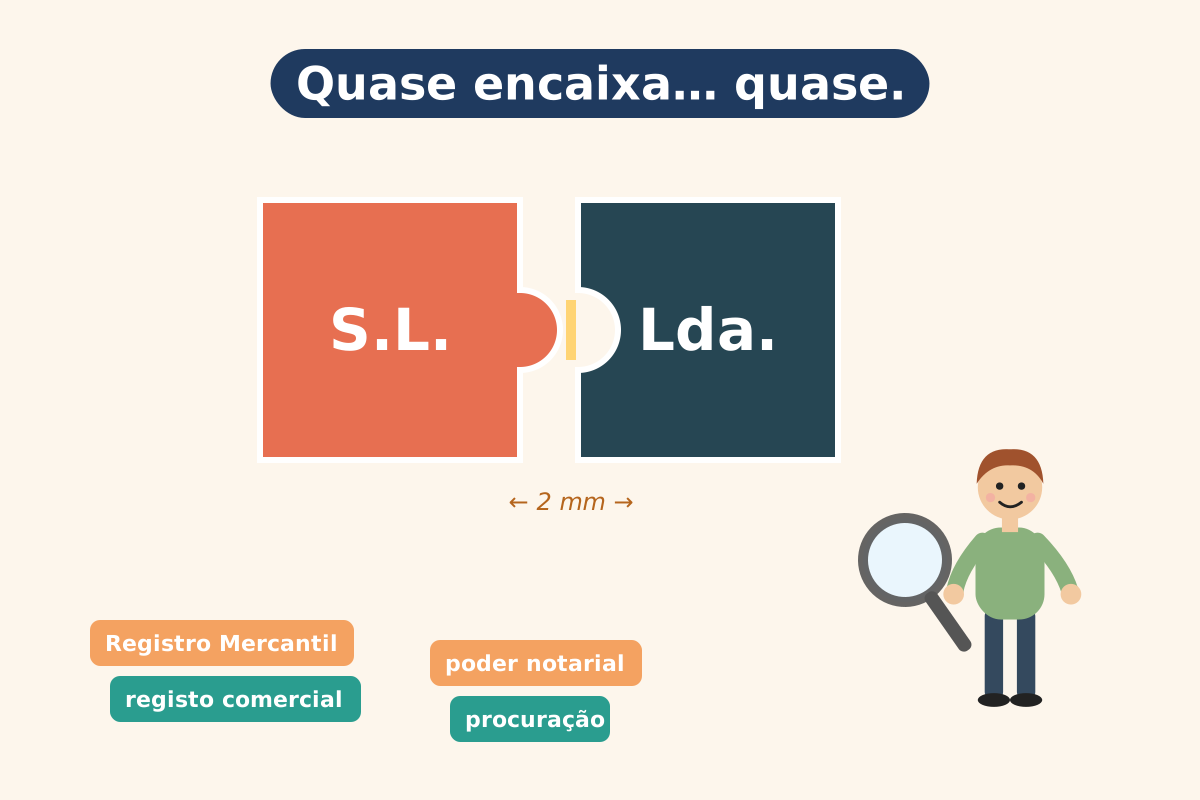 Peças de puzzle com termos jurídicos espanhóis e portugueses que encaixam quase, mas não totalmente