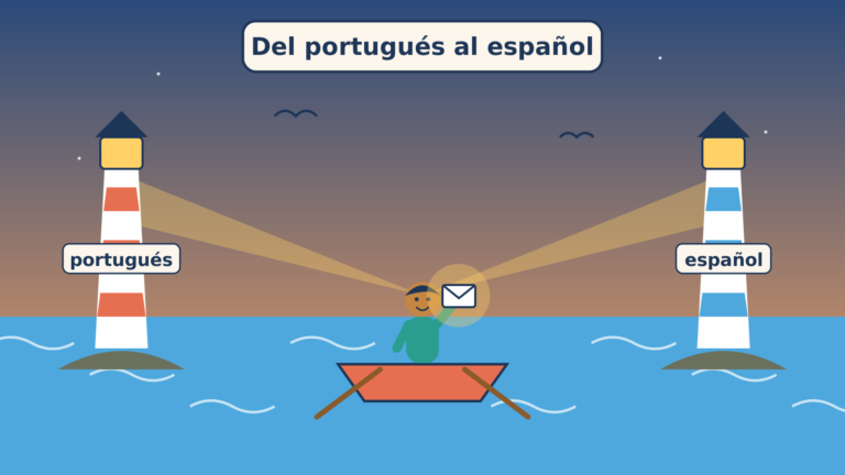 Traductor autónomo de portugués a español remando entre dos faros con un sobre luminoso