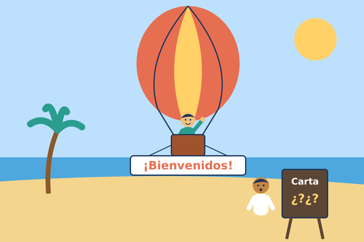 Globo aerostático con un cartel de bienvenida sobrevolando una playa