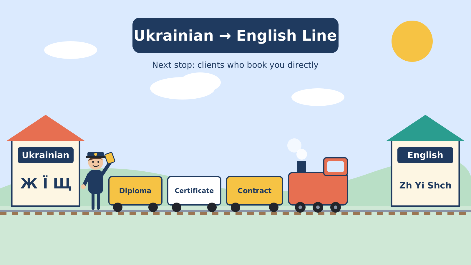 Freelance Ukrainian to English translator as a train conductor on a railway line running from Cyrillic letters to Latin letters