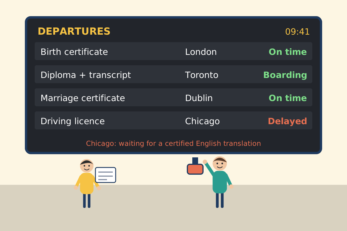 Railway departures board listing Ukrainian documents bound for London, Dublin, Toronto and Chicago, with one marked delayed for a missing translation