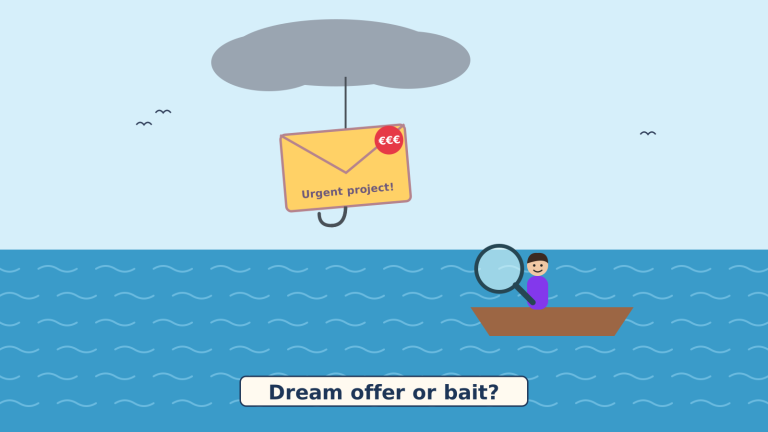 Illustration about scams targeting translators: a hook dangles from a cloud with a golden envelope signed by a fake agency while a translator inspects it with a magnifying glass from her boat