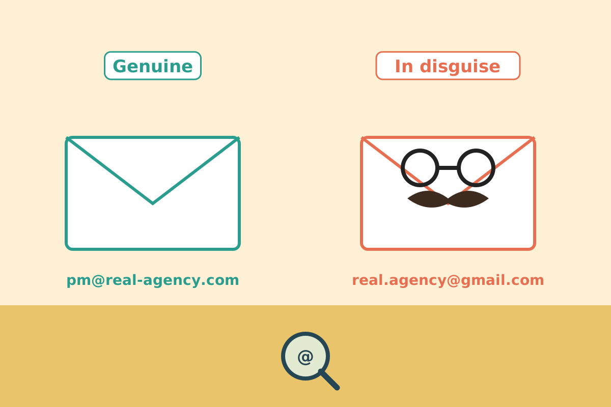 A disguised envelope with a fake moustache and glasses and a Gmail address tries to pass as an agency's genuine envelope with a corporate domain
