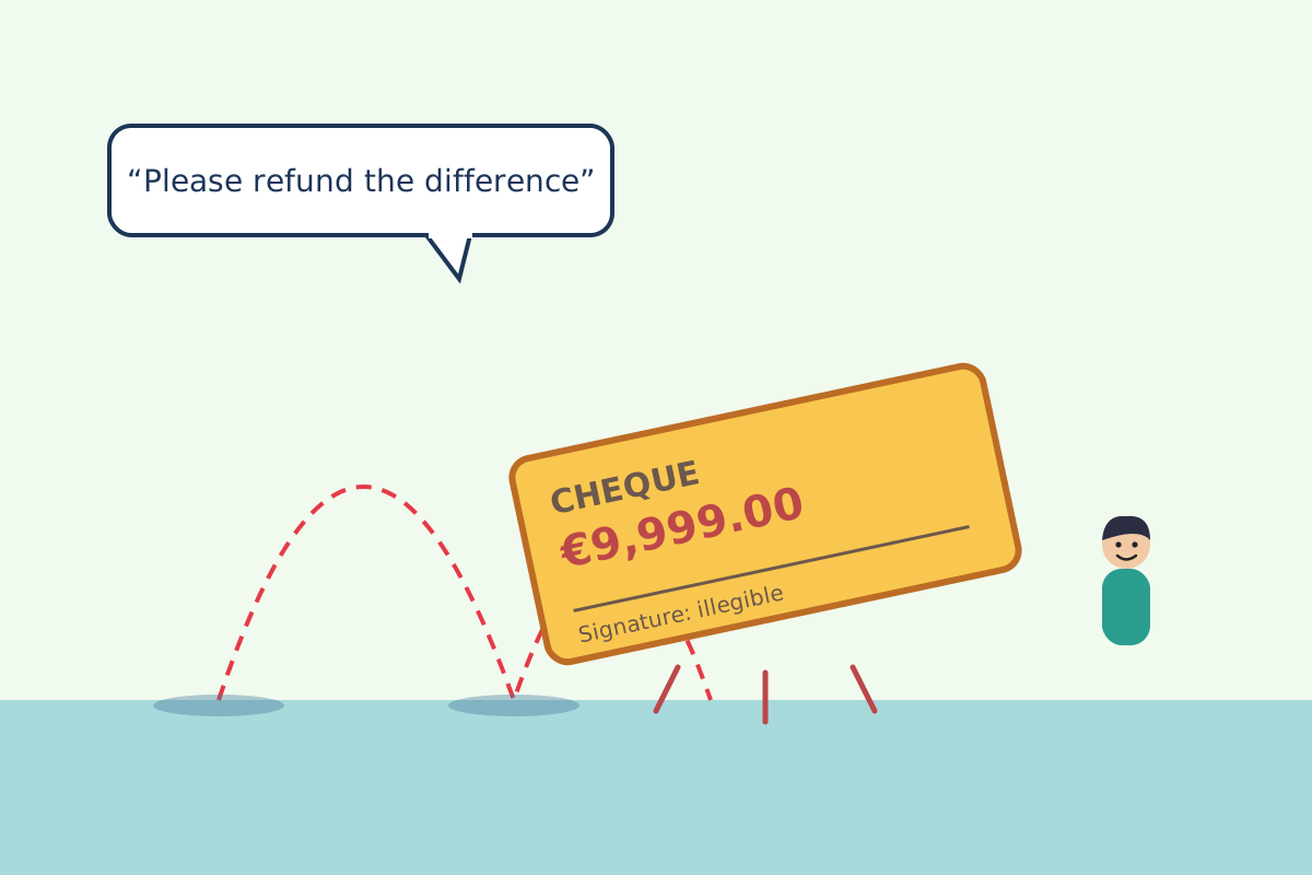 A giant rubber cheque bounces like a ball while a translator steps aside looking relieved