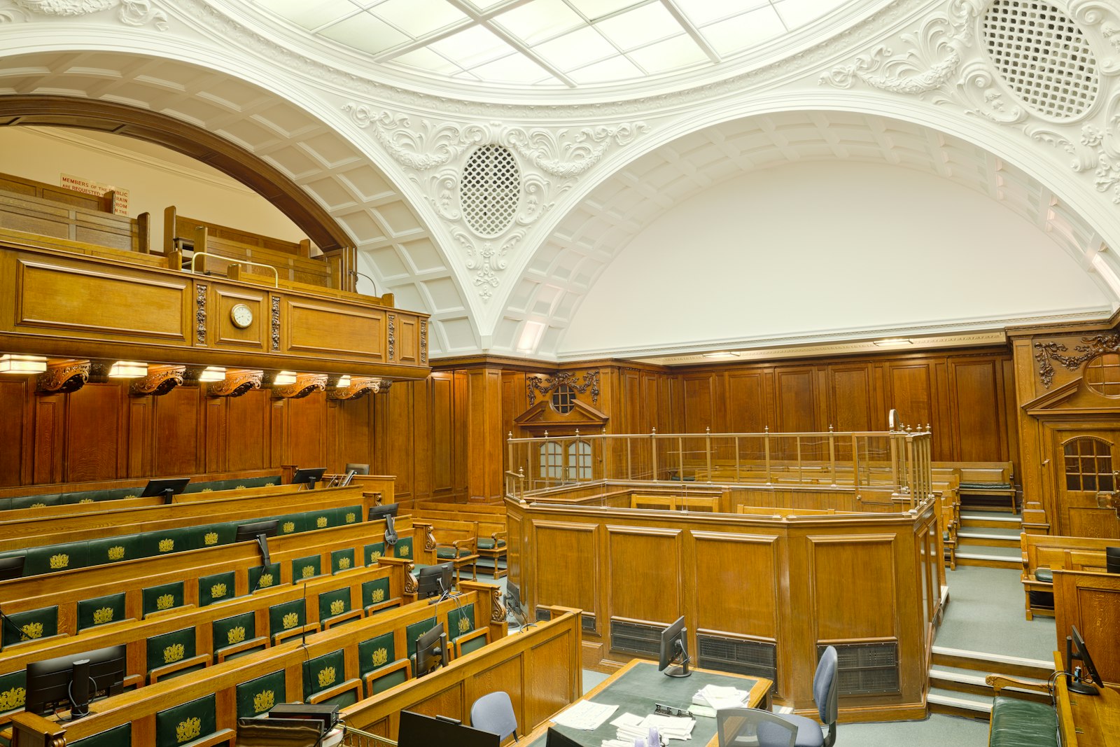 An ornate courtroom interior at the Old Bailey in London.