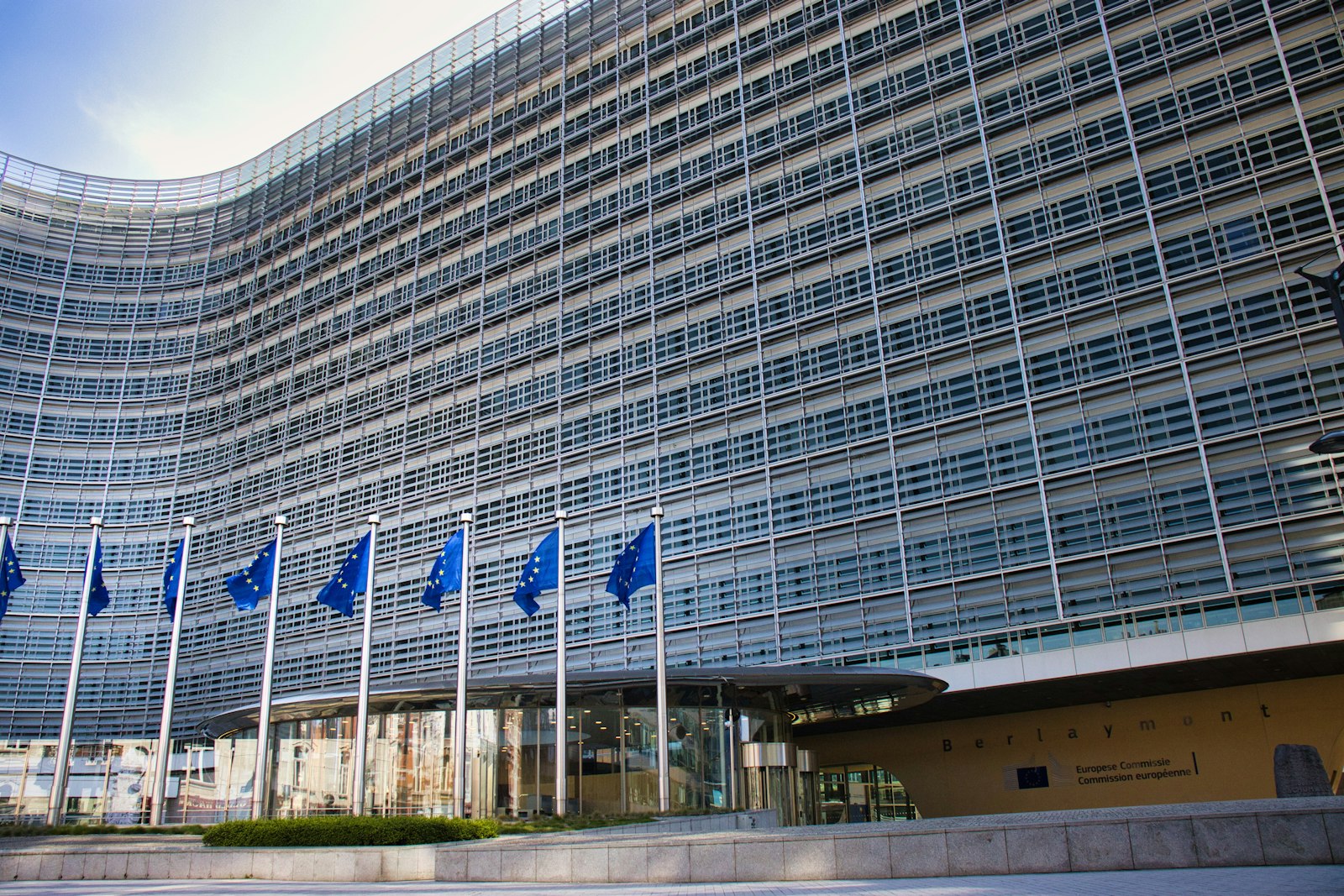 EU building with flags in Brussels